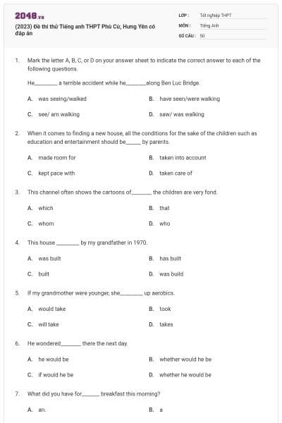 (2023) Đề thi thử Tiếng anh THPT Phù Cừ, Hưng Yên có đáp án