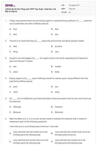 (2023) Đề thi thử Tiếng anh THPT Vạn Xuân- Hoài Đức, Hà Nội có đáp án