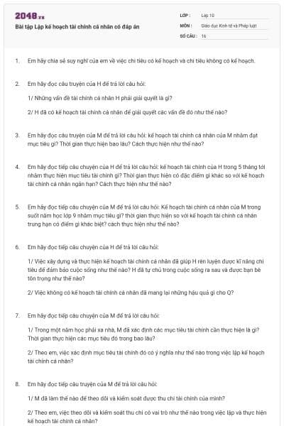 Bài tập Lập kế hoạch tài chính cá nhân có đáp án