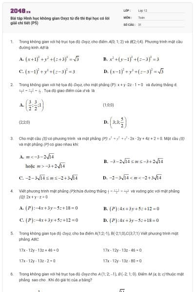 Bài tâp Hình học không gian Oxyz từ đề thi Đại học có lời giải chi tiết (P5)