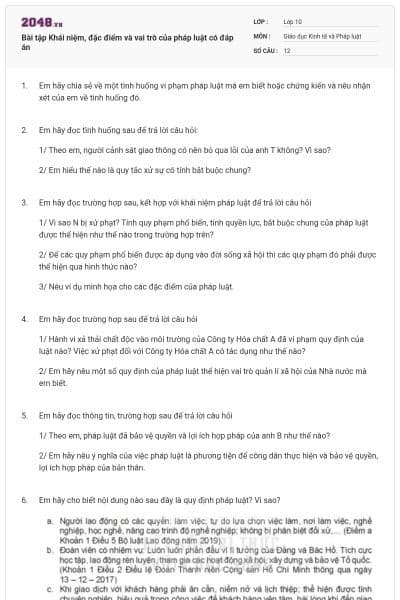 Bài tập Khái niệm, đặc điểm và vai trò của pháp luật có đáp án