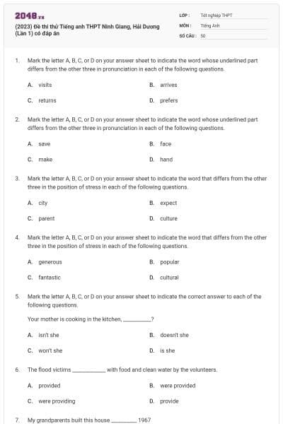 (2023) Đề thi thử Tiếng anh THPT Ninh Giang, Hải Dương (Lần 1) có đáp án