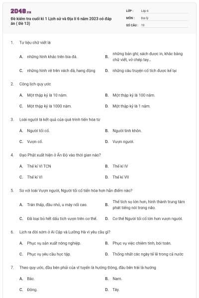 Đề kiểm tra cuối kì 1 Lịch sử và Địa lí 6 năm 2023 có đáp án ( Đề 13)