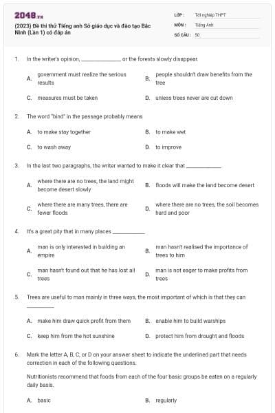 (2023) Đề thi thử Tiếng anh Sở giáo dục và đào tạo Bắc Ninh (Lần 1) có đáp án