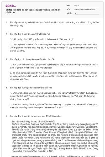 Bài tập Nội dung cơ bản của Hiến pháp về chế độ chính trị có đáp án