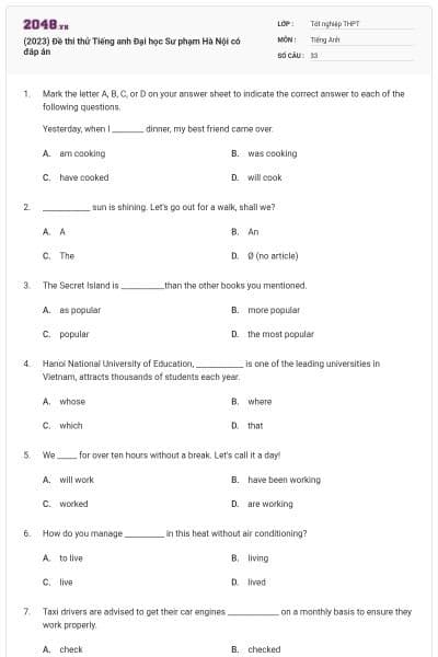 (2023) Đề thi thử Tiếng anh Đại học Sư phạm Hà Nội có đáp án