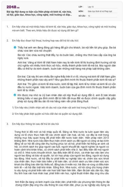 Bài tập Nội dung cơ bản của Hiến pháp về kinh tế, văn hóa, xã hội,  giáo dục, khoa học, công nghệ, môi trường có đáp án