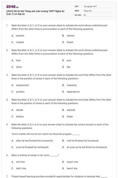 (2023) Đề thi thử Tiếng anh Liên trường THPT Nghệ An (Lần 1) có đáp án