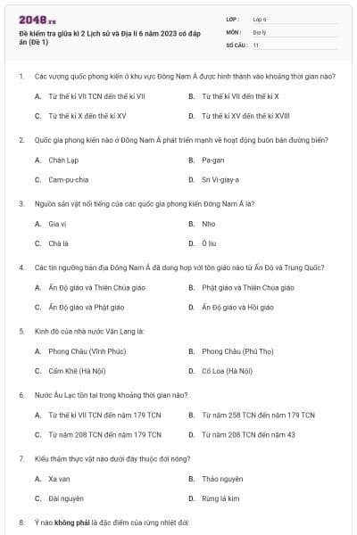 Đề kiểm tra giữa kì 2 Lịch sử và Địa lí 6 năm 2023 có đáp án (Đề 1)