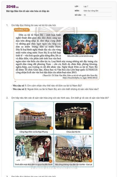 Bài tập Bảo tồn di sản văn hóa có đáp án
