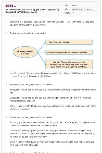 Bài tập Đặc điểm, cấu trúc và nguyên tắc hoạt động của hệ thống chính trị Việt Nam có đáp án