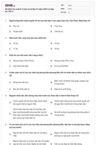 Đề kiểm tra cuối kì 2 Lịch sử và Địa lí 6 năm 2023 có đáp án ( Đề 1)