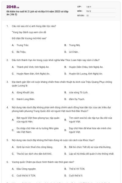 Đề kiểm tra cuối kì 2 Lịch sử và Địa lí 6 năm 2023 có đáp án ( Đề 3)