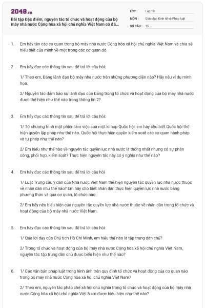 Bài tập Đặc điểm, nguyên tắc tổ chức và hoạt động của bộ máy nhà nước Cộng hòa xã hội chủ nghĩa Việt Nam có đáp án