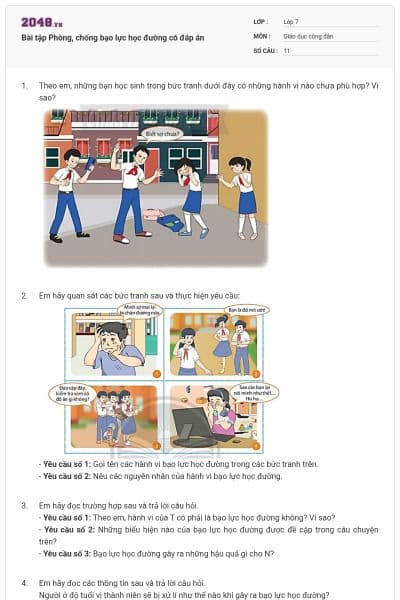 Bài tập Phòng, chống bạo lực học đường có đáp án
