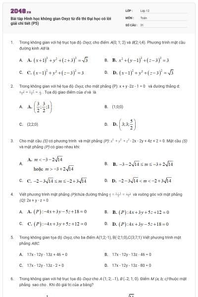 Bài tâp Hình học không gian Oxyz từ đề thi Đại học có lời giải chi tiết (P5)