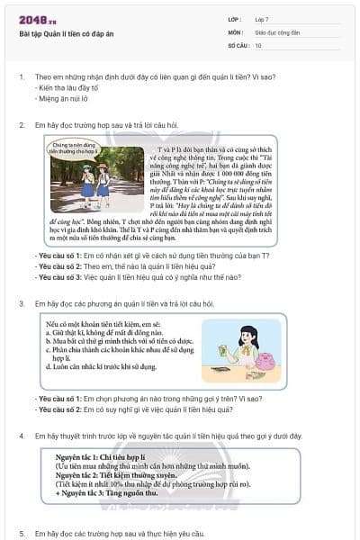 Bài tập Quản lí tiền có đáp án