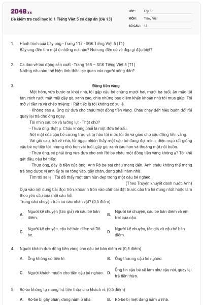 Đề kiểm tra cuối học kì 1 Tiếng Việt 5 có đáp án (Đề 13)
