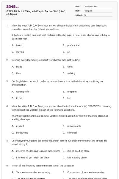 (2023) Đề thi thử Tiếng anh Chuyên Đại học Vinh (Lần 1) có đáp án