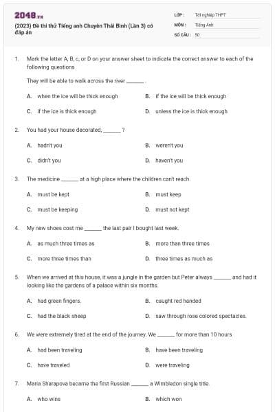 (2023) Đề thi thử Tiếng anh Chuyên Thái Bình (Lần 3) có đáp án