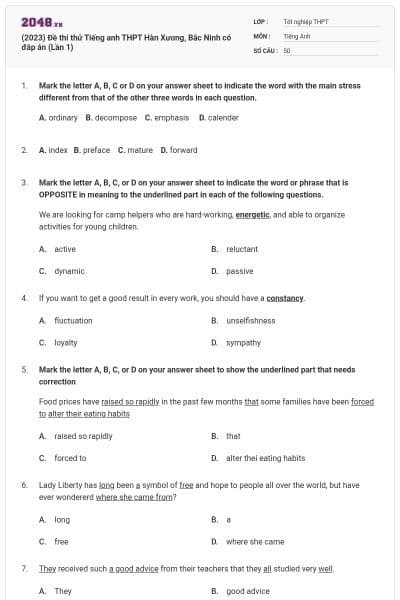 (2023) Đề thi thử Tiếng anh THPT Hàn Xương, Bắc Ninh có đáp án (Lần 1)
