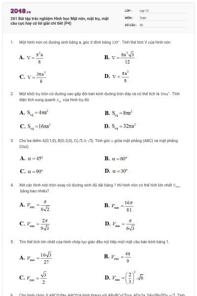 261 Bài tập trắc nghiệm Hình học Mặt nón, mặt trụ, mặt cầu cực hay có lời giải chi tiết (P4)