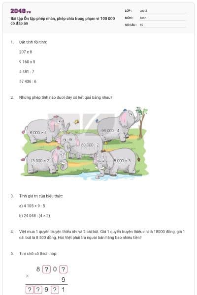 Bài tập Ôn tập phép nhân, phép chia trong phạm vi 100 000 có đáp án