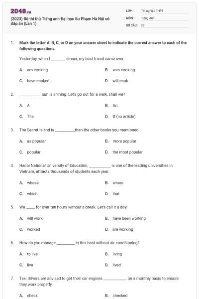 (2023) Đề thi thử Tiếng anh Đại học Sư Phạm Hà Nội có đáp án (Lần 1)