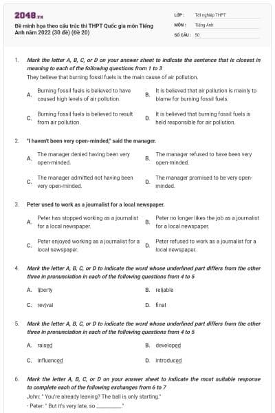 Đề minh họa theo cấu trúc thi THPT Quốc gia môn Tiếng Anh năm 2022 (30 đề) (Đề 20)