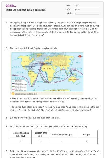 Bài tập Các cuộc phát kiến địa lí có đáp án