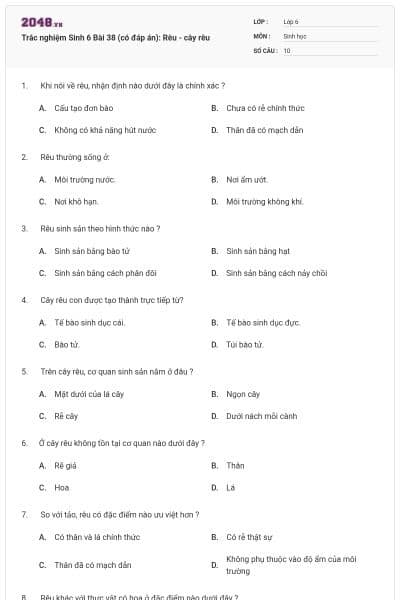 Trắc nghiệm Sinh 6 Bài 38 (có đáp án): Rêu - cây rêu