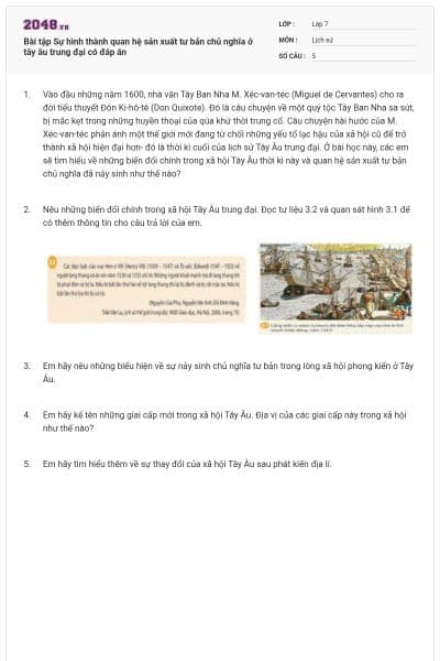 Bài tập Sự hình thành quan hệ sản xuất tư bản chủ nghĩa ở tây âu trung đại có đáp án