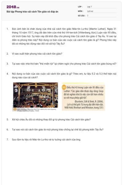 Bài tập Phong trào cải cách Tôn giáo có đáp án