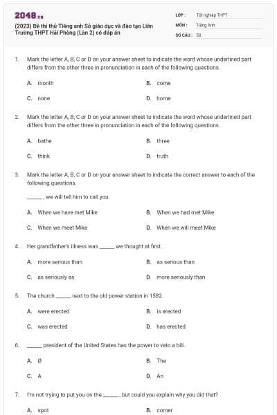 (2023) Đề thi thử Tiếng anh Sở giáo dục và đào tạo Liên Trường THPT Hải Phòng (Lần 2) có đáp án