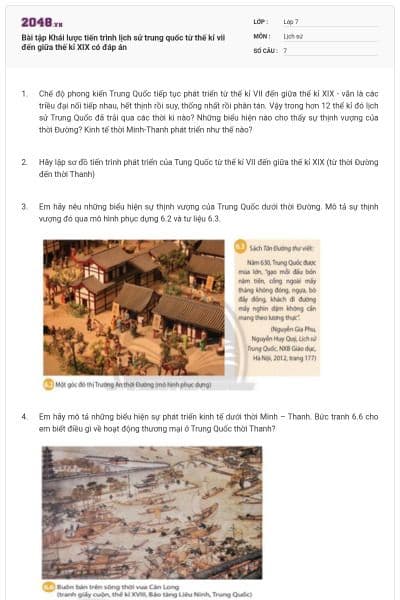 Bài tập Khái lược tiến trình lịch sử trung quốc  từ thế kỉ vii đến giữa thế kỉ XIX có đáp án