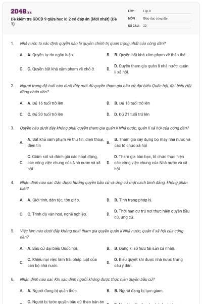 Đề kiểm tra GDCD 9 giữa học kì 2 có đáp án (Mới nhất) (Đề 1)