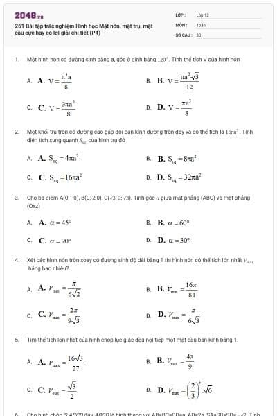 261 Bài tập trắc nghiệm Hình học Mặt nón, mặt trụ, mặt cầu cực hay có lời giải chi tiết (P4)
