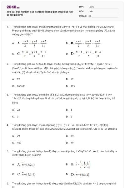 108 Bài trắc nghiệm Tọa độ trong không gian Oxyz cực hay có lời giải (P4)