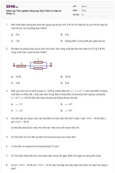 2020 câu Trắc nghiệm tổng hợp Vật lí 2023 có đáp án (Phần 7)