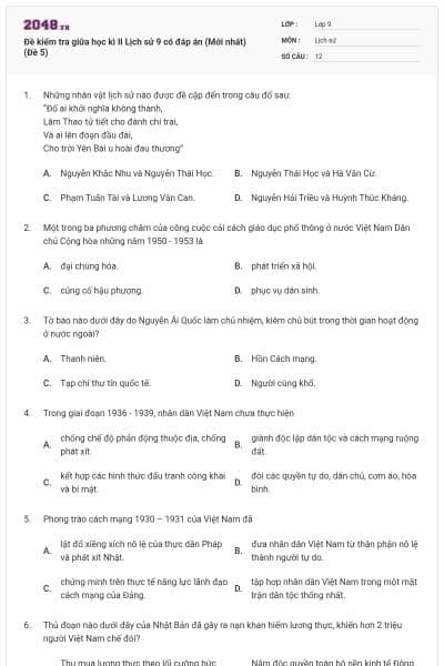 Đề kiểm tra giữa học kì II Lịch sử 9 có đáp án (Mới nhất) (Đề 5)