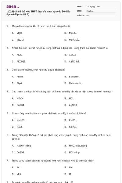 (2023) Đề thi thử Hóa THPT theo đề minh họa của Bộ Giáo dục có đáp án (Đề 1)