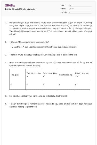 Bài tập Đế quốc Mô-gôn có đáp án