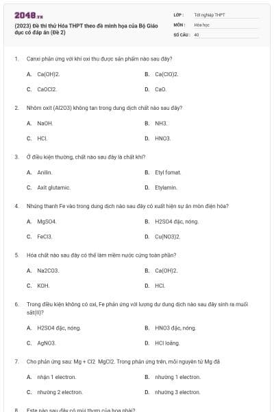 (2023) Đề thi thử Hóa THPT theo đề minh họa của Bộ Giáo dục có đáp án (Đề 2)