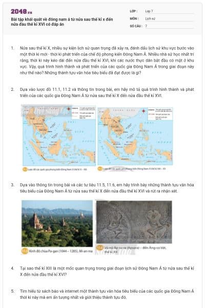Bài tập khái quát về đông nam á từ nửa sau thế kỉ x đến nửa đầu thế kỉ XVI có đáp án