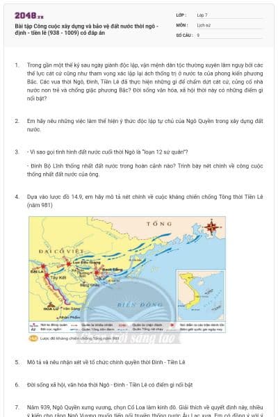 Bài tập Công cuộc xây dựng và bảo vệ đất nước thời ngô - định - tiền lê (938 - 1009) có đáp án