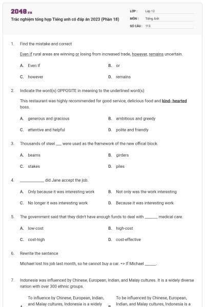 Trắc nghiệm tổng hợp Tiếng anh có đáp án 2023 (Phần 18)