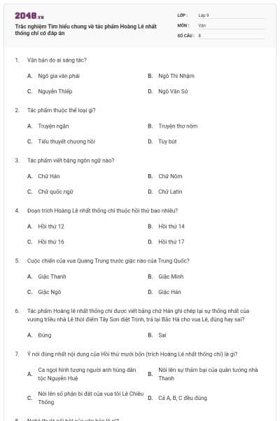 Trắc nghiệm Tìm hiểu chung về tác phẩm Hoàng Lê nhất thống chí có đáp án