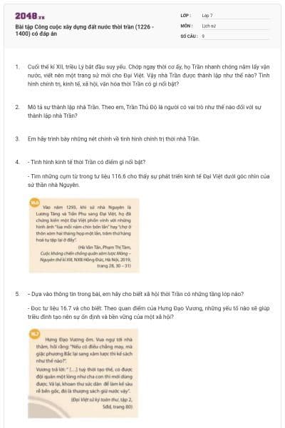 Bài tập Công cuộc xây dựng đất nước thời trần (1226 - 1400) có đáp án