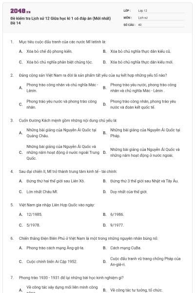 Đề kiểm tra Lịch sử 12 Giữa học kì 1 có đáp án (Mới nhất) Đề 14