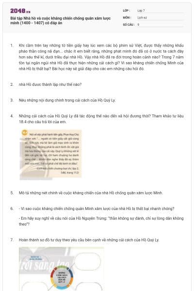 Bài tập Nhà hồ và cuộc kháng chiến chống quân xâm lược minh (1400 - 1407) có đáp án